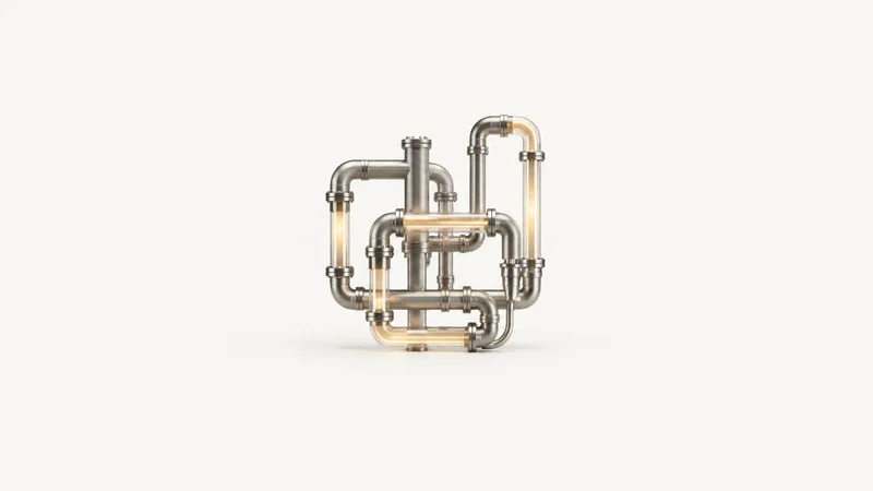 Abstract a branching network of pipes rendered as glowing lines in darkness motif centred on a seamless pale off-white studio background, generous empty margin for overlaid branding