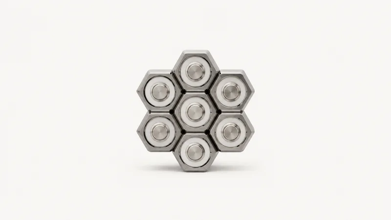 Abstract stacked hexagonal battery-cell honeycomb motif centred on a seamless pale off-white studio background, generous empty margin for overlaid branding