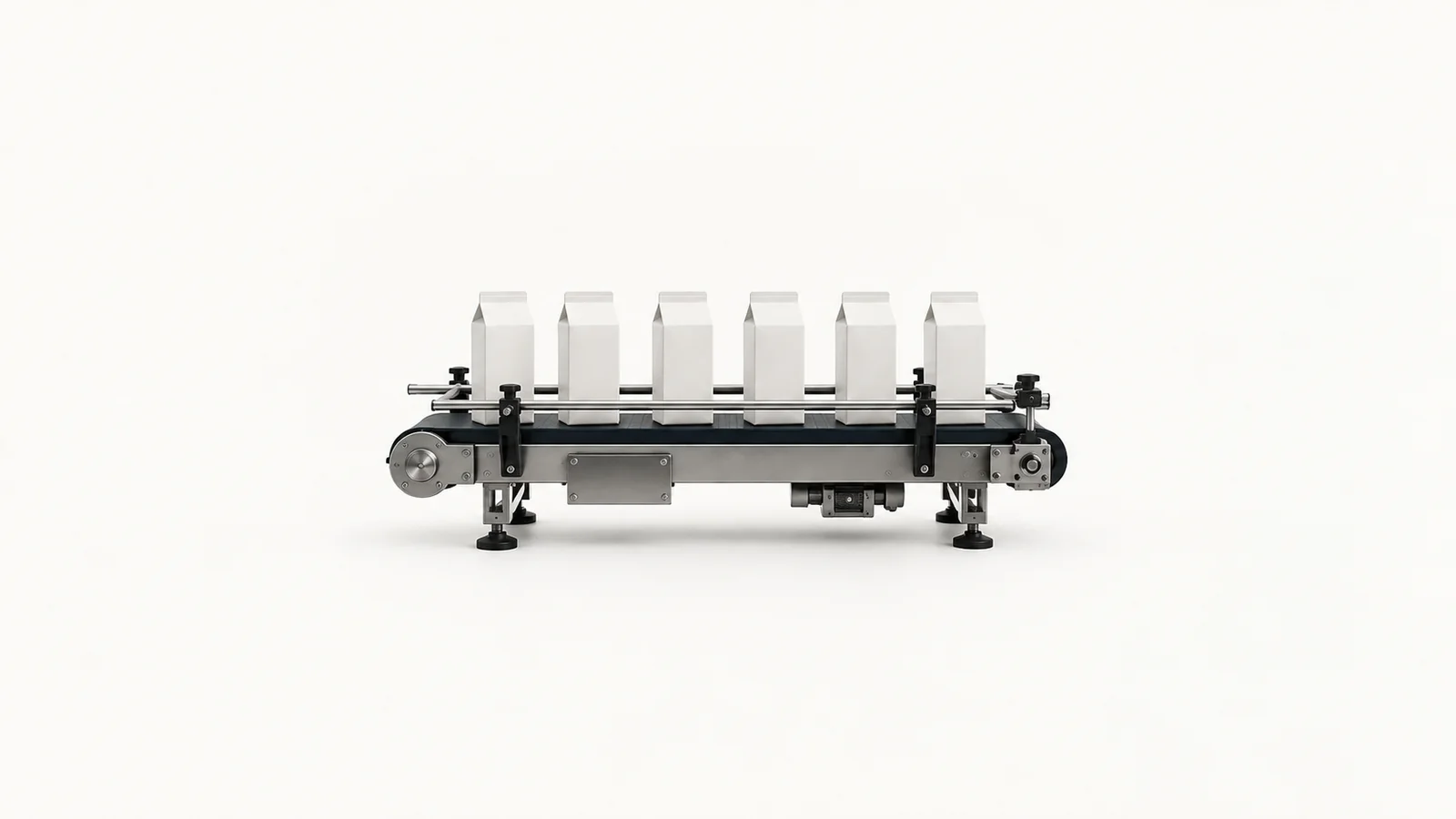 Abstract a synchronised array of pale cartons moving on a dark track motif centred on a seamless pale off-white studio background, generous empty margin for overlaid branding