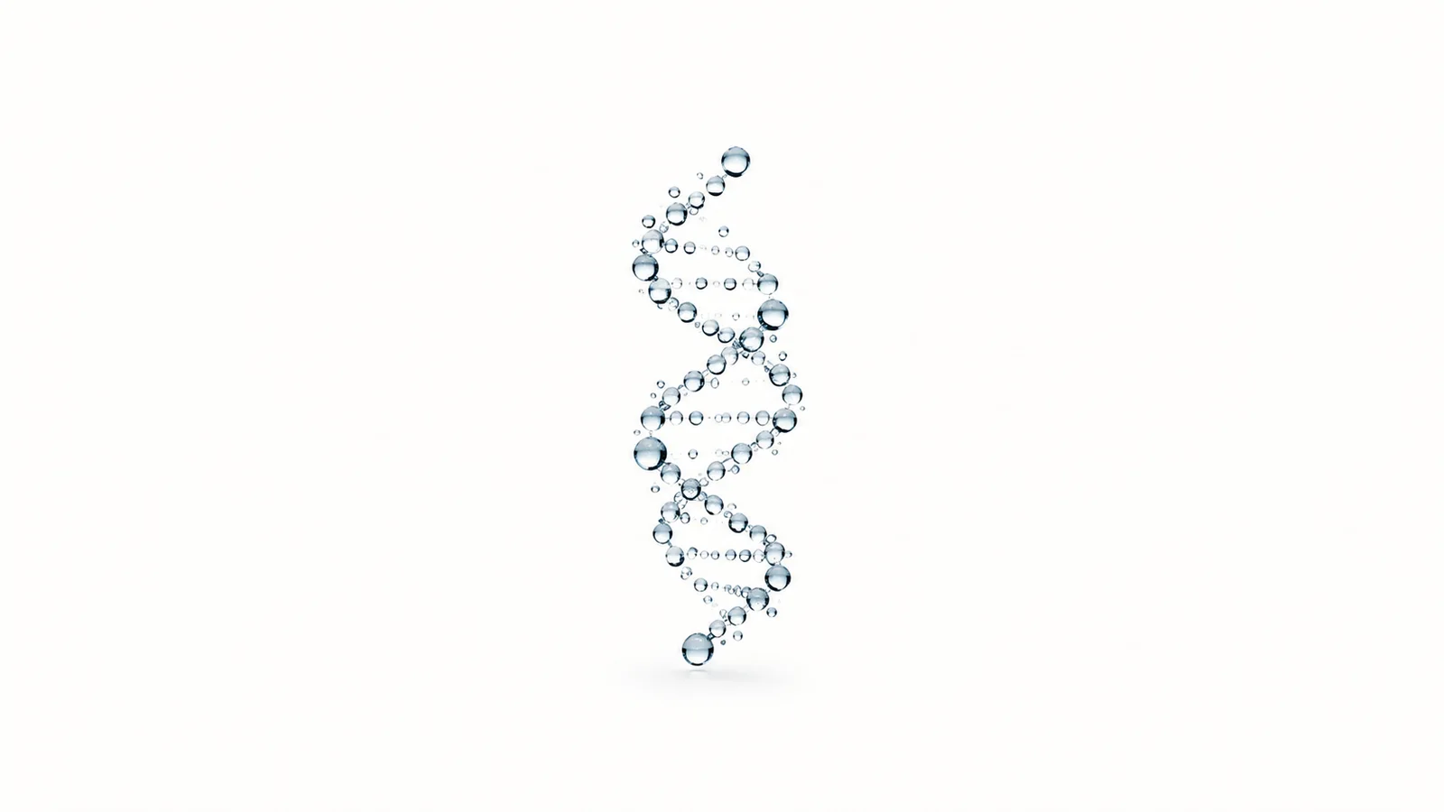 Abstract a helix of water droplets suspended in light motif centred on a seamless pale off-white studio background, generous empty margin for overlaid branding