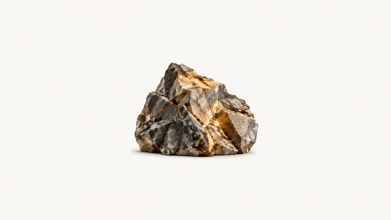 Abstract a fractured rock face rendered as facets in amber light motif centred on a seamless pale off-white studio background, generous empty margin for overlaid branding