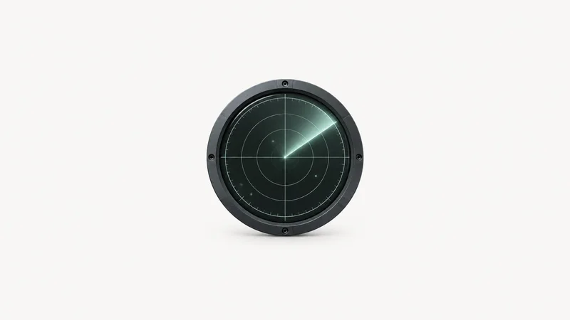 Abstract a radial sweep of radar rings glowing on a dark ground motif centred on a seamless pale off-white studio background, generous empty margin for overlaid branding