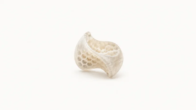 Abstract a honeycomb infill pattern seen edge-on through a translucent shell motif centred on a seamless pale off-white studio background, generous empty margin for overlaid branding