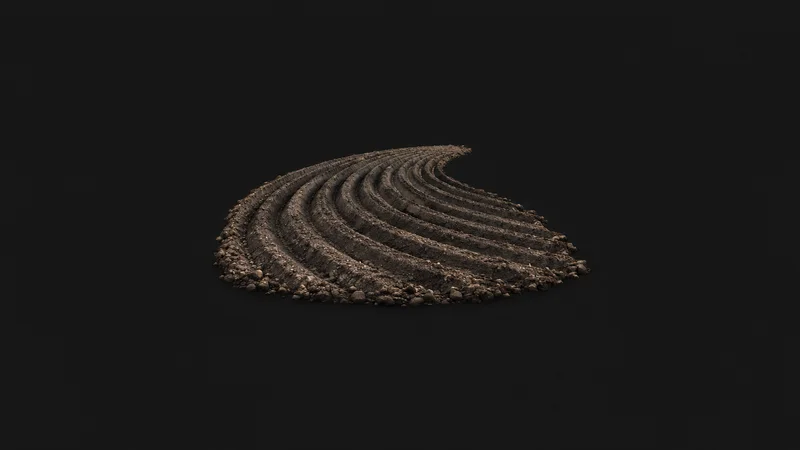 Abstract a fan of contour-ploughed furrow lines curving across a field plane motif centred on a seamless deep charcoal near-black studio background, generous empty margin for overlaid branding