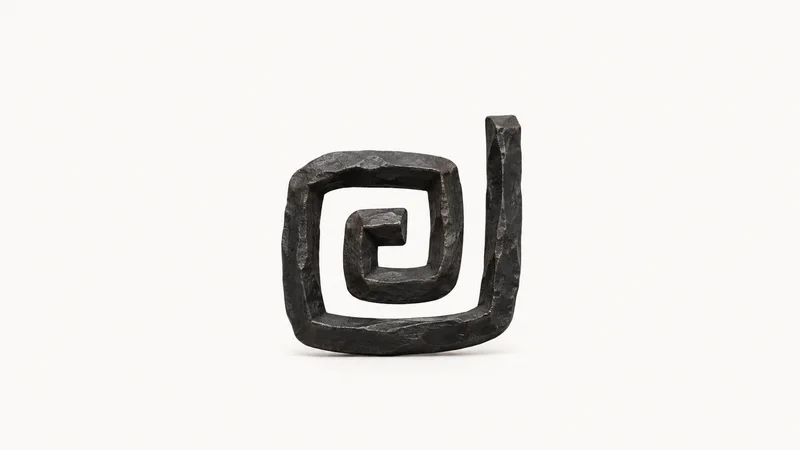 Abstract a spiralling twisted-square iron bar receding into shadow motif centred on a seamless pale off-white studio background, generous empty margin for overlaid branding