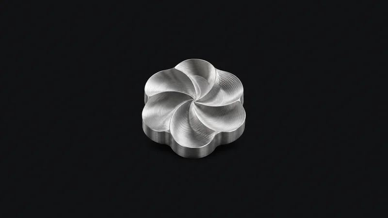 Abstract a scalloped surface of overlapping ball-mill tool paths in brushed aluminium motif centred on a seamless deep charcoal near-black studio background, generous empty margin for overlaid branding