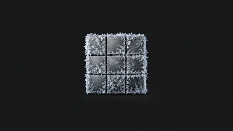 Abstract a geometric grid of frost crystals spreading across cold steel motif centred on a seamless deep charcoal near-black studio background, generous empty margin for overlaid branding