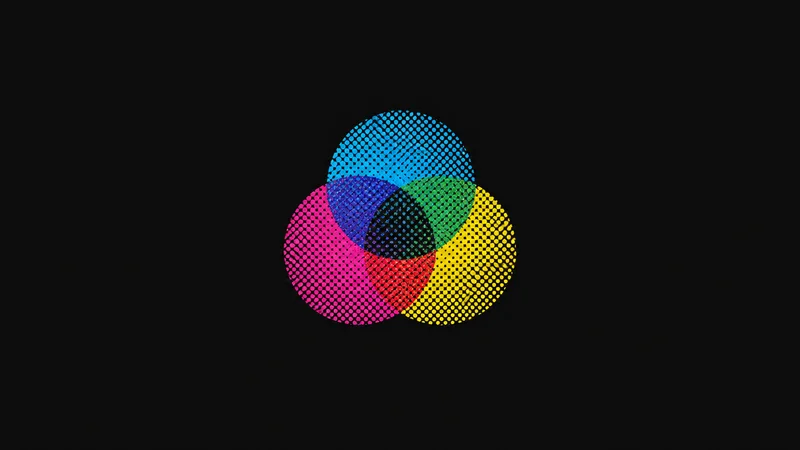 Abstract overlapping cyan magenta and yellow halftone dot screens forming a rosette motif centred on a seamless deep charcoal near-black studio background, generous empty margin for overlaid branding