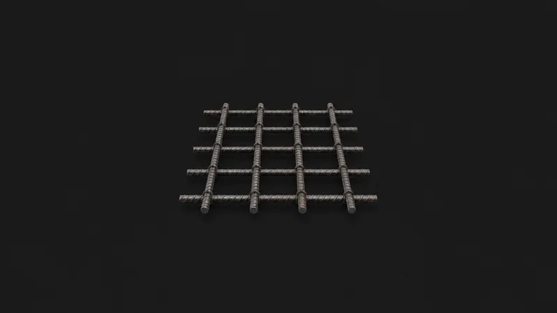 Abstract a criss-cross rebar mesh grid receding into shadow motif centred on a seamless deep charcoal near-black studio background, generous empty margin for overlaid branding