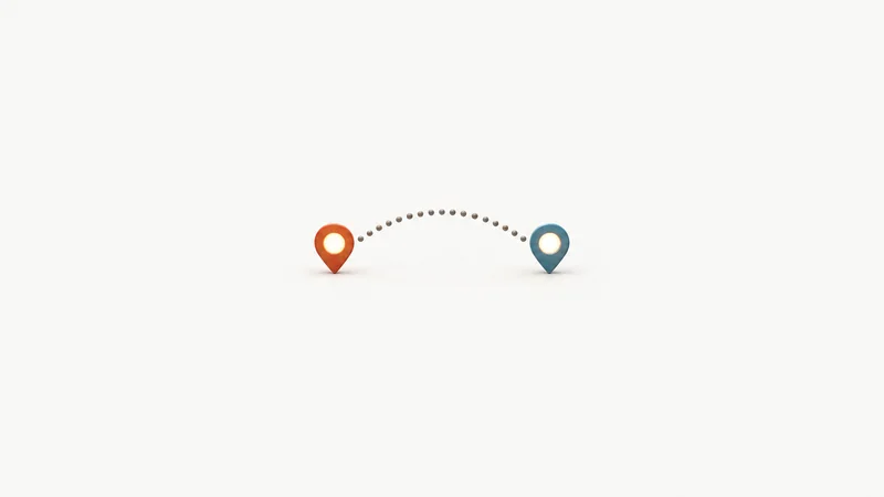 Abstract a dotted delivery route arcing between two glowing map pins motif centred on a seamless pale off-white studio background, generous empty margin for overlaid branding
