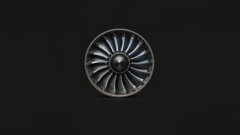 Abstract a radial fan of turbine blades sweeping across a pale sky motif centred on a seamless deep charcoal near-black studio background, generous empty margin for overlaid branding