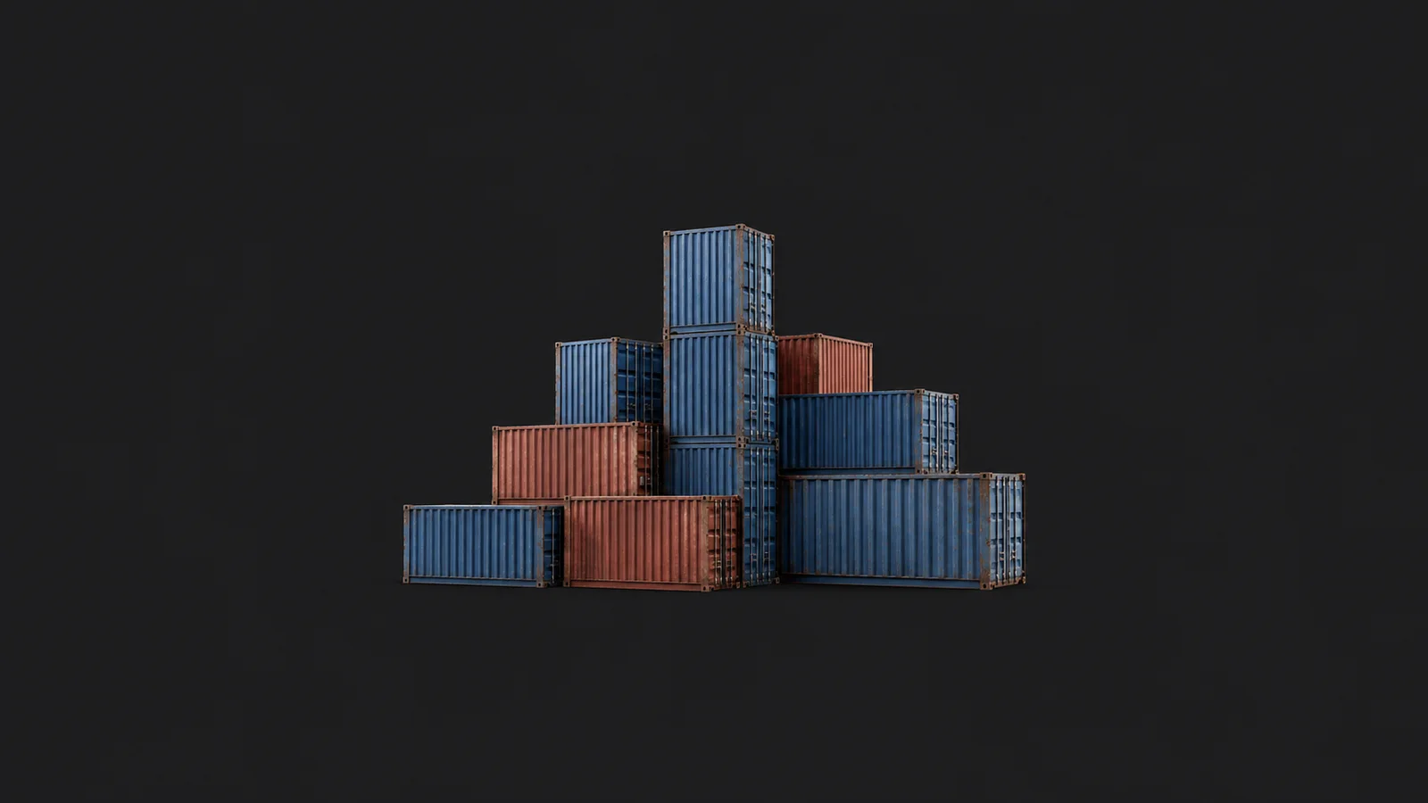 Abstract a tiered skyline of corrugated container blocks receding in blue and rust motif centred on a seamless deep charcoal near-black studio background, generous empty margin for overlaid branding