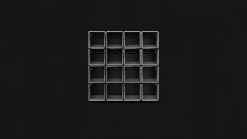Abstract a wall of nested storage-bin cubes receding into a grid motif centred on a seamless deep charcoal near-black studio background, generous empty margin for overlaid branding