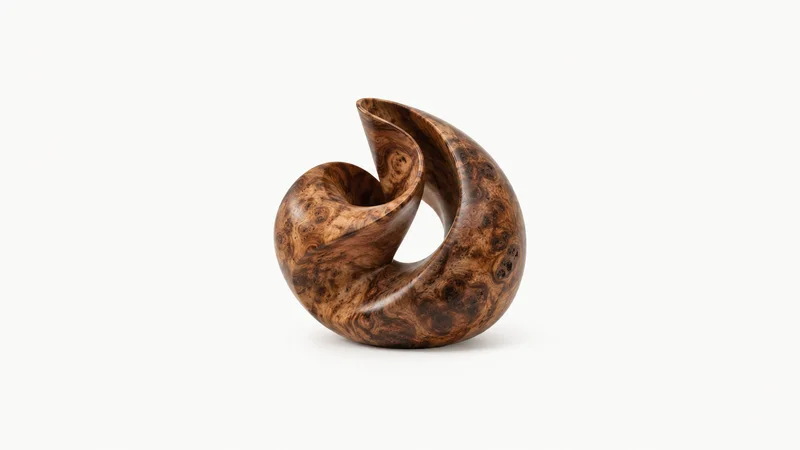 Abstract a swirl of burr-walnut grain figure filling the frame motif centred on a seamless pale off-white studio background, generous empty margin for overlaid branding