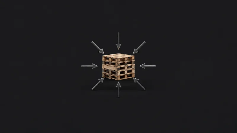Abstract a network of arrows converging on a stacked-pallet silhouette motif centred on a seamless deep charcoal near-black studio background, generous empty margin for overlaid branding