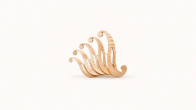 Abstract a fan of f-hole curves repeated in overlapping arcs motif centred on a seamless pale off-white studio background, generous empty margin for overlaid branding