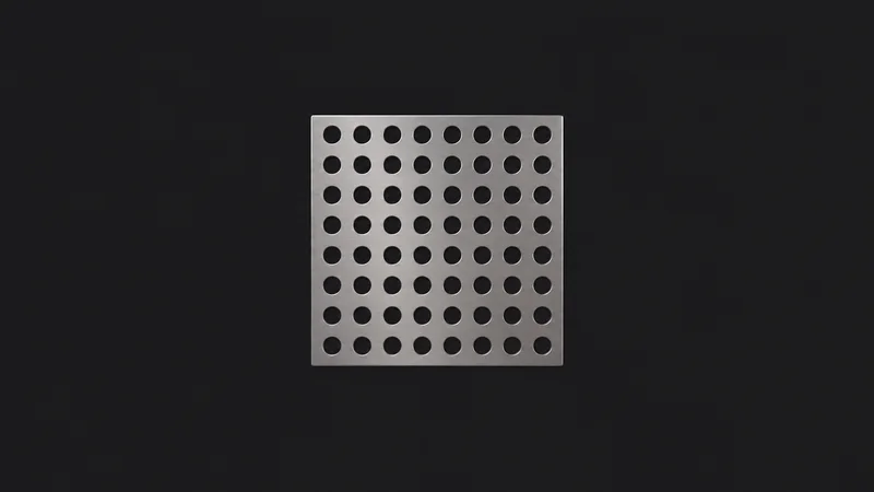 Abstract a grid of punched circular perforations in brushed steel motif centred on a seamless deep charcoal near-black studio background, generous empty margin for overlaid branding