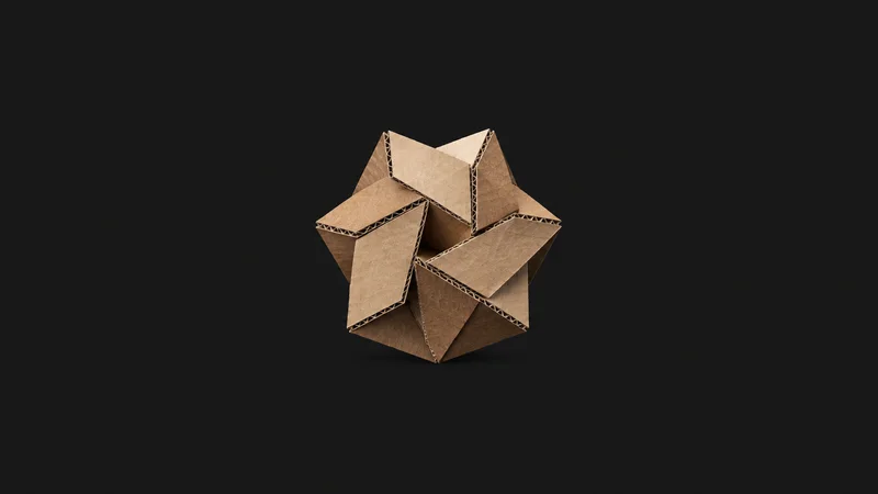 Abstract a tessellation of folded corrugated-card facets motif centred on a seamless deep charcoal near-black studio background, generous empty margin for overlaid branding