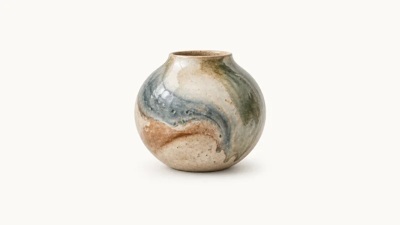 Abstract a swirl of blended glaze colours pooling on a curved surface motif centred on a seamless pale off-white studio background, generous empty margin for overlaid branding