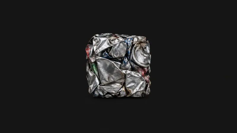 Abstract a compressed mosaic of crushed can facets motif centred on a seamless deep charcoal near-black studio background, generous empty margin for overlaid branding