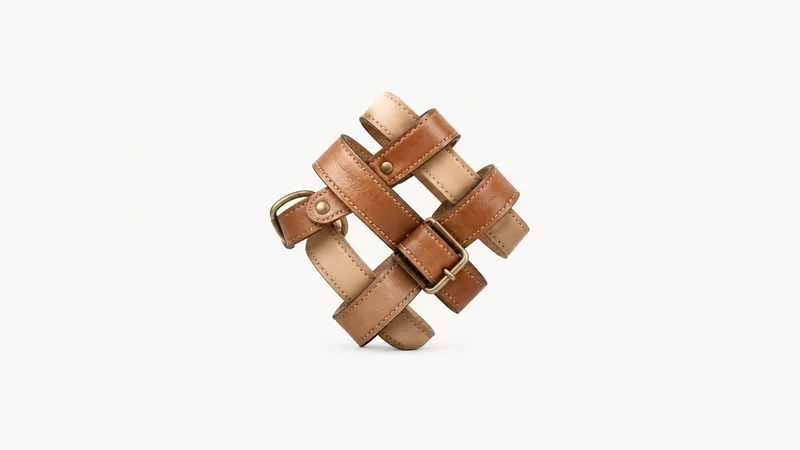 Abstract a cross-hatched pattern of overlapping bridle straps motif centred on a seamless pale off-white studio background, generous empty margin for overlaid branding
