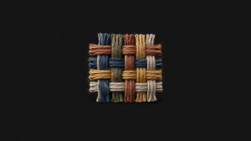 Abstract an overlapping weave of coloured warp and weft threads motif centred on a seamless deep charcoal near-black studio background, generous empty margin for overlaid branding