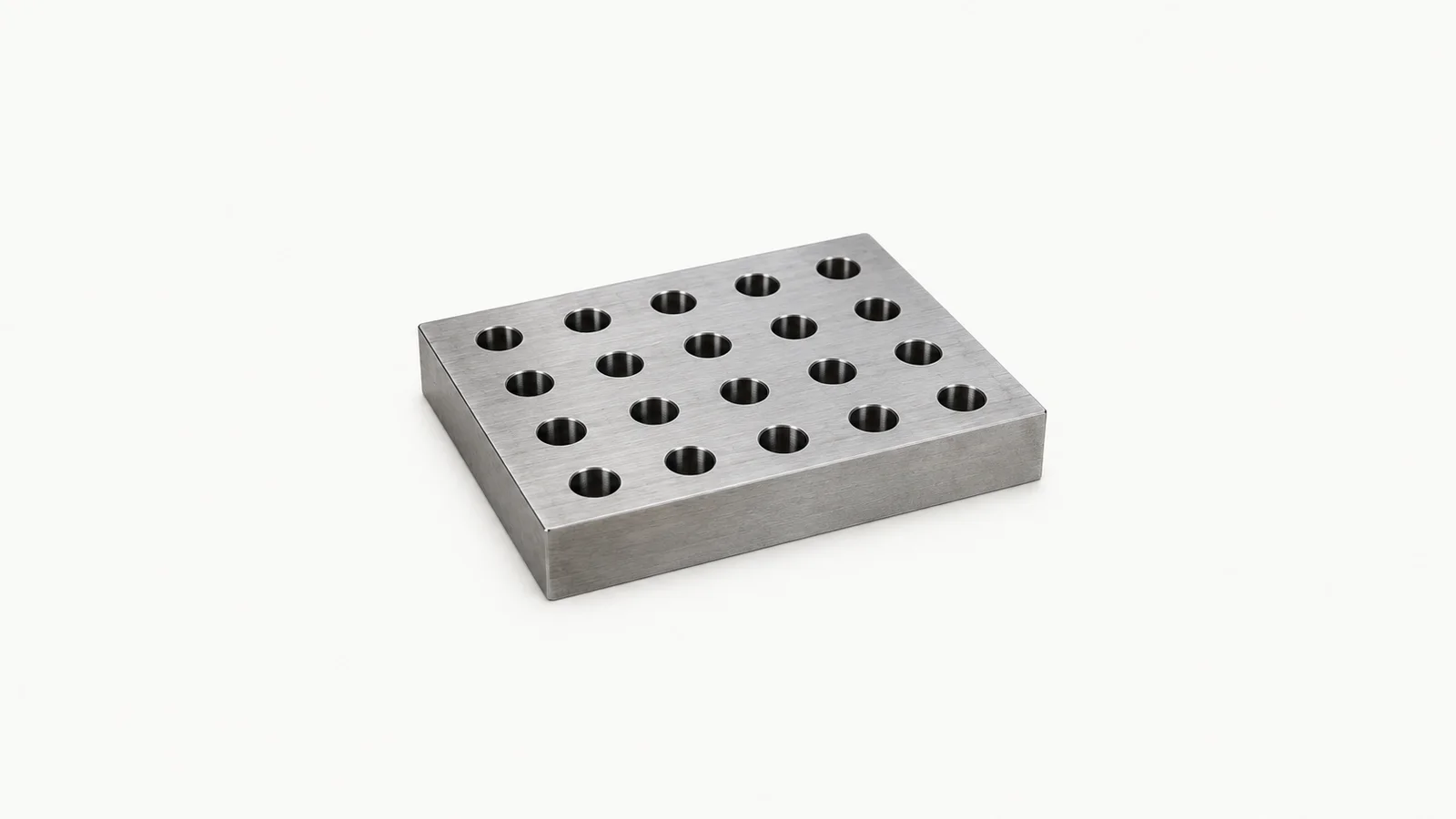 Abstract a grid of dowel-pin holes in ground steel motif centred on a seamless pale off-white studio background, generous empty margin for overlaid branding