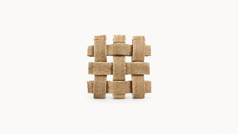 Abstract a lattice of interwoven jute webbing straps motif centred on a seamless pale off-white studio background, generous empty margin for overlaid branding
