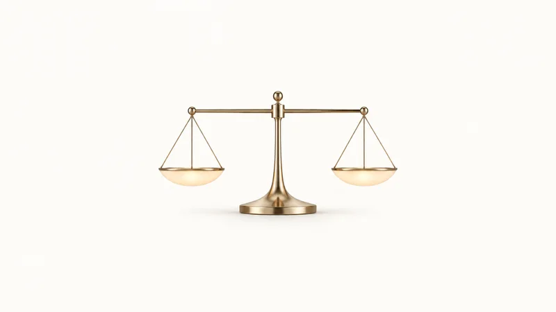 Abstract a balanced beam of light with two glowing pans in equilibrium motif centred on a seamless pale off-white studio background, generous empty margin for overlaid branding