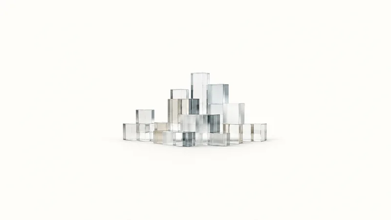 Abstract an extruded grid of glass blocks rising to different heights motif centred on a seamless pale off-white studio background, generous empty margin for overlaid branding