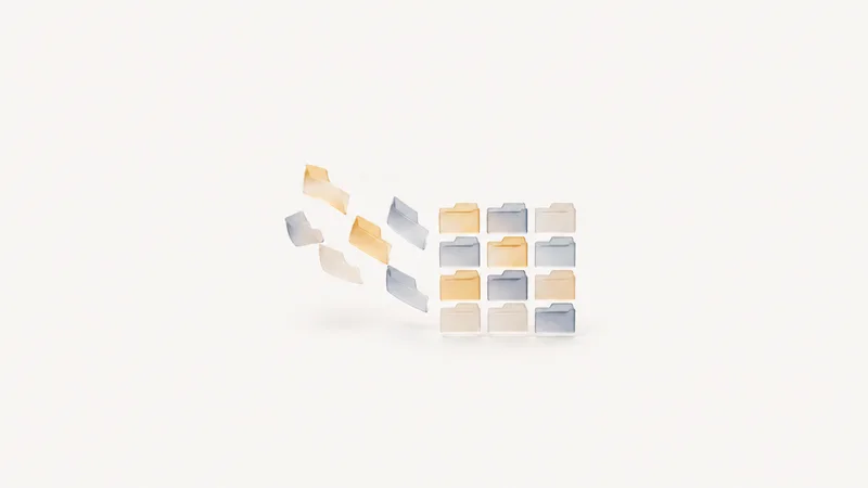 Abstract a stream of small glowing tabs settling into an even grid motif centred on a seamless pale off-white studio background, generous empty margin for overlaid branding