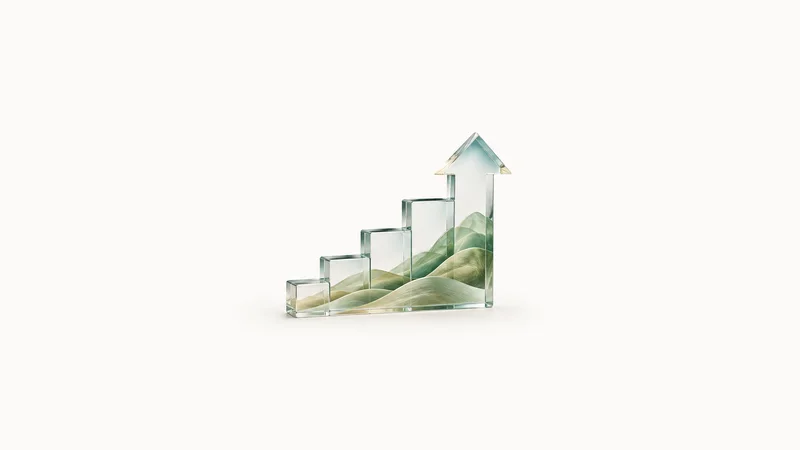 Abstract a rising arrow of translucent steps climbing across a field motif centred on a seamless pale off-white studio background, generous empty margin for overlaid branding