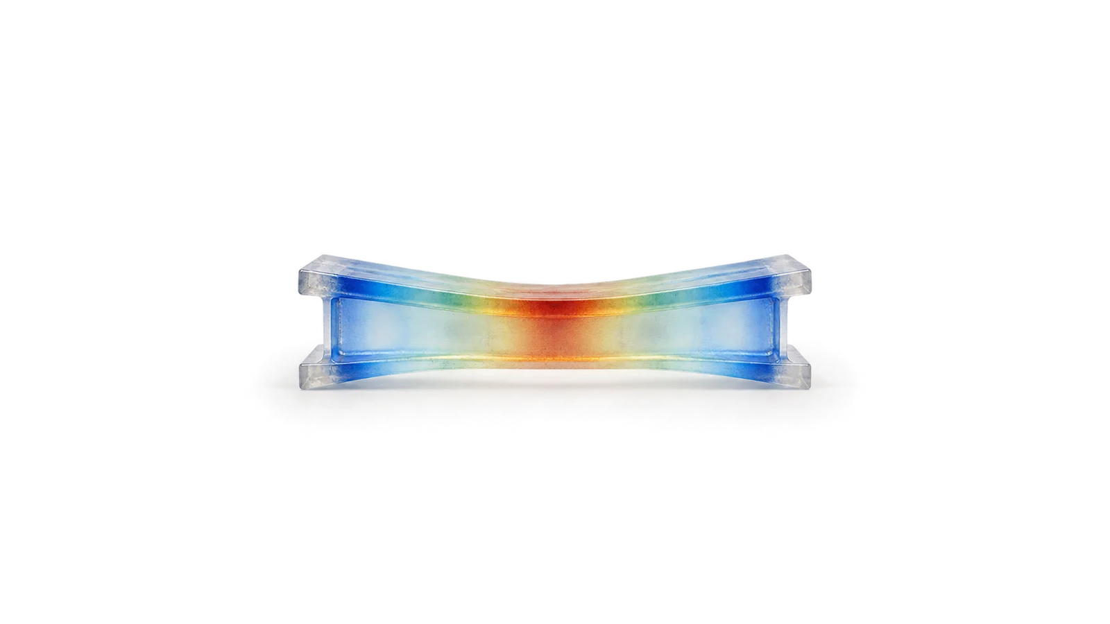 Abstract a stress-map gradient flowing across a translucent beam motif centred on a seamless pale off-white studio background, generous empty margin for overlaid branding