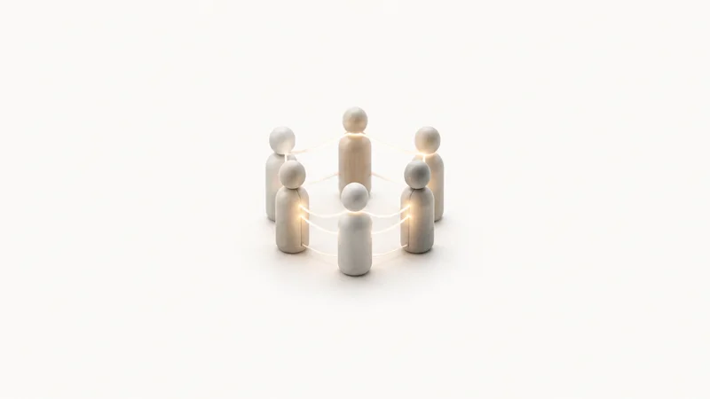 Abstract a circle of glowing figure-like pillars linked by soft light motif centred on a seamless pale off-white studio background, generous empty margin for overlaid branding