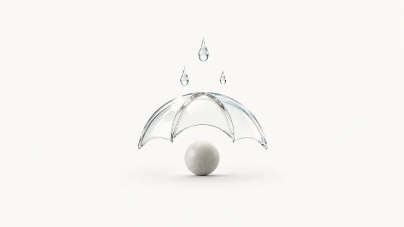 Abstract an umbrella of light arcs shielding a small sphere from falling drops motif centred on a seamless pale off-white studio background, generous empty margin for overlaid branding