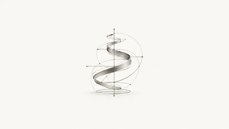 Abstract a spiral of drafted technical lines assembling into a clean form motif centred on a seamless pale off-white studio background, generous empty margin for overlaid branding