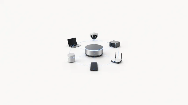 Abstract a ring of glowing devices orbiting a central hub motif centred on a seamless pale off-white studio background, generous empty margin for overlaid branding
