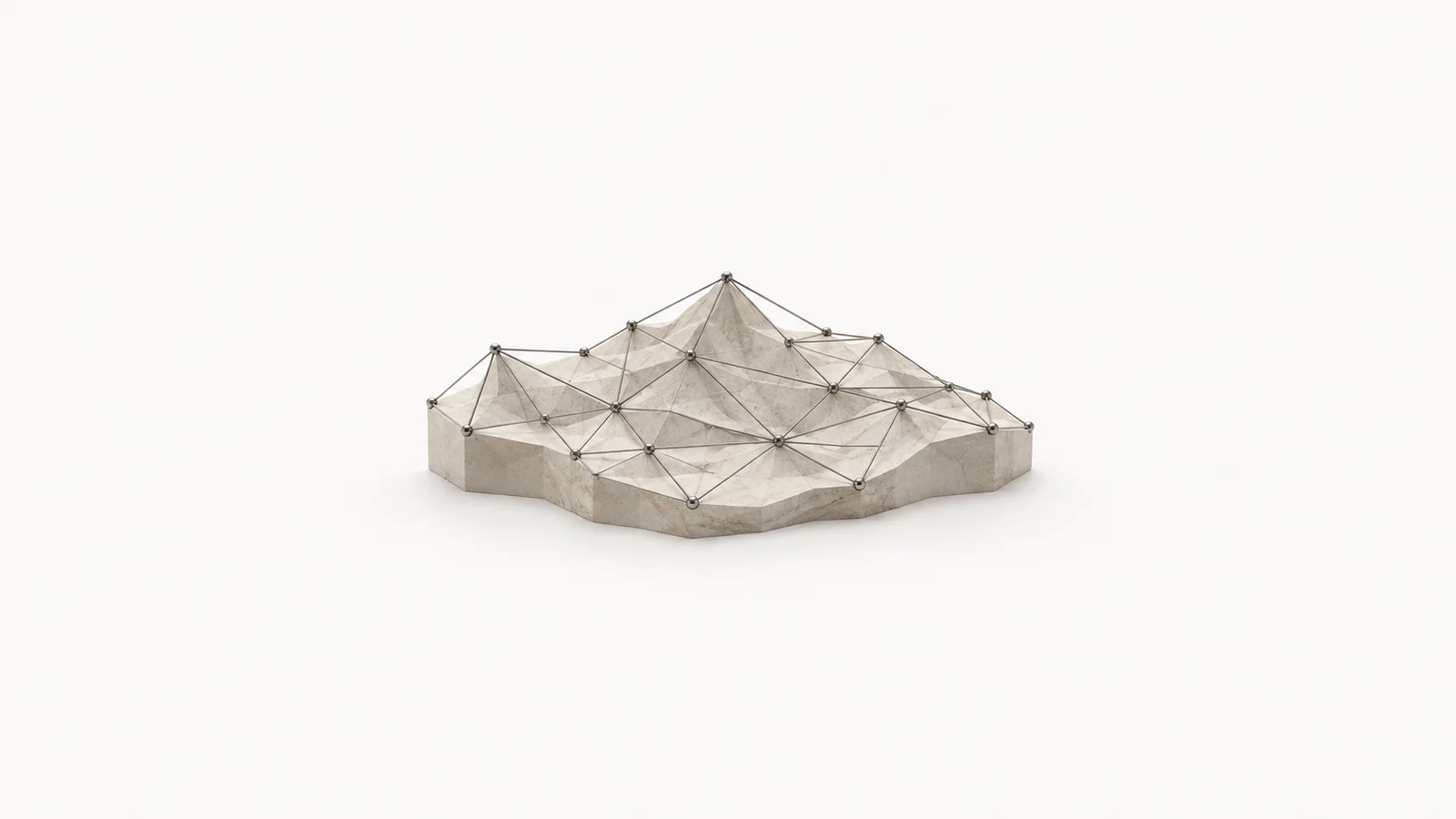 Abstract a triangulated survey mesh of thin steel lines over a matte plane motif centred on a seamless pale off-white studio background, generous empty margin for overlaid branding