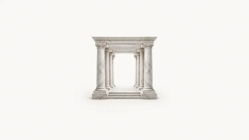 Abstract a colonnade of pale marble pillars in strict symmetry motif centred on a seamless pale off-white studio background, generous empty margin for overlaid branding