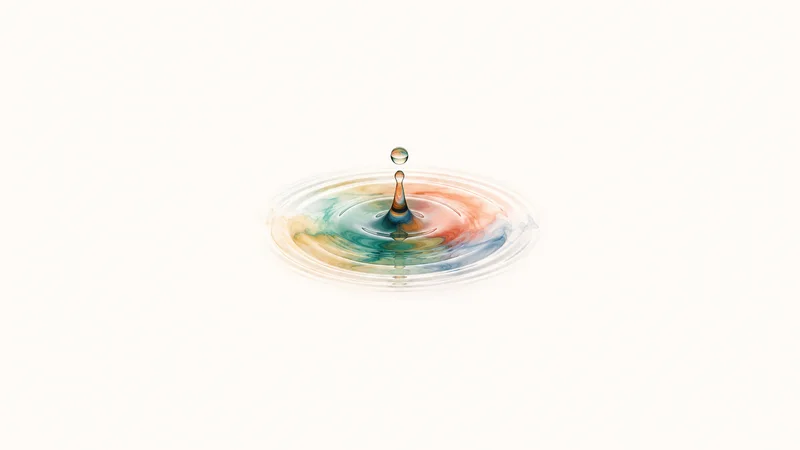 Abstract concentric ripples of coloured ink spreading from a central drop motif centred on a seamless pale off-white studio background, generous empty margin for overlaid branding