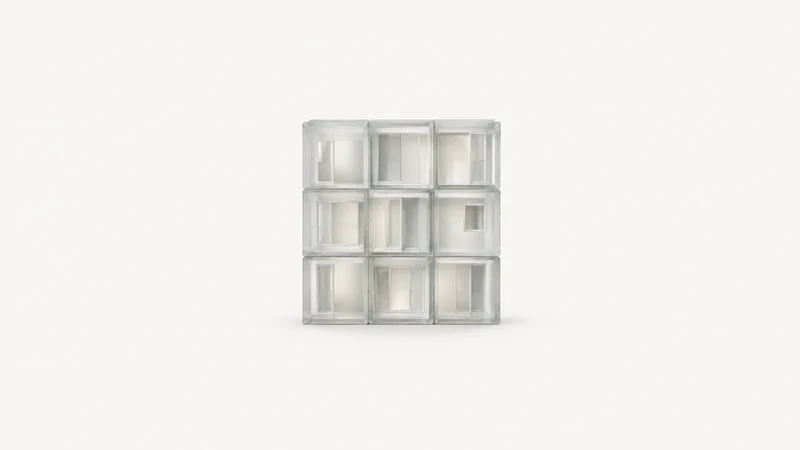 Abstract a grid of stacked apartment cells in frosted glass blocks motif centred on a seamless pale off-white studio background, generous empty margin for overlaid branding