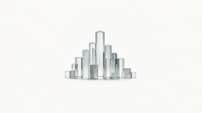 Abstract a skyline of stepped glass blocks rising to a central peak motif centred on a seamless pale off-white studio background, generous empty margin for overlaid branding