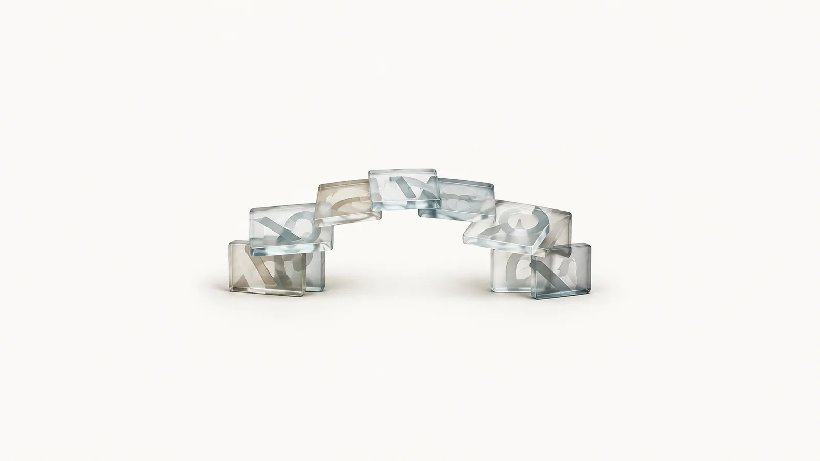 Abstract a bridge of overlapping glass letter tiles spanning a gap motif centred on a seamless pale off-white studio background, generous empty margin for overlaid branding