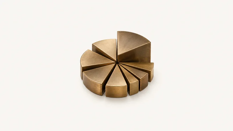 Abstract a pie of stacked bronze wedges fanning from a central hub motif centred on a seamless pale off-white studio background, generous empty margin for overlaid branding