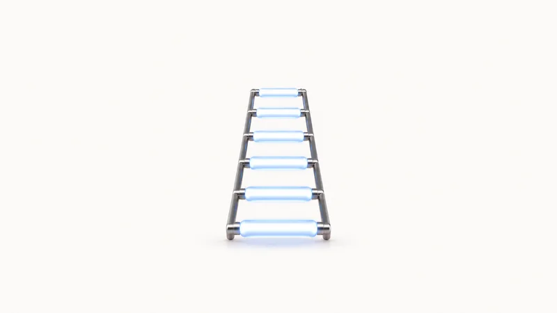 Abstract a rising ladder of glowing rungs built from syntax-like dashes motif centred on a seamless pale off-white studio background, generous empty margin for overlaid branding
