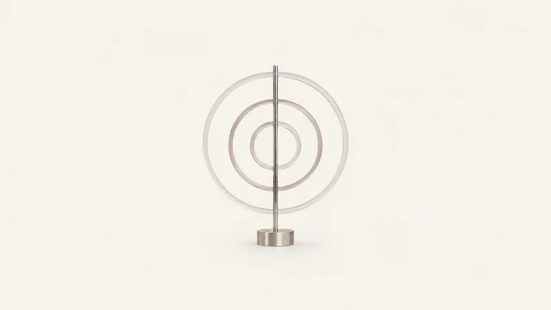 Abstract concentric sound rings expanding from a slender vertical rod motif centred on a seamless pale off-white studio background, generous empty margin for overlaid branding