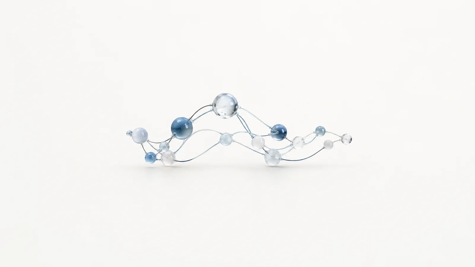 Abstract a flowing pipeline of luminous nodes joined by curved links motif centred on a seamless pale off-white studio background, generous empty margin for overlaid branding
