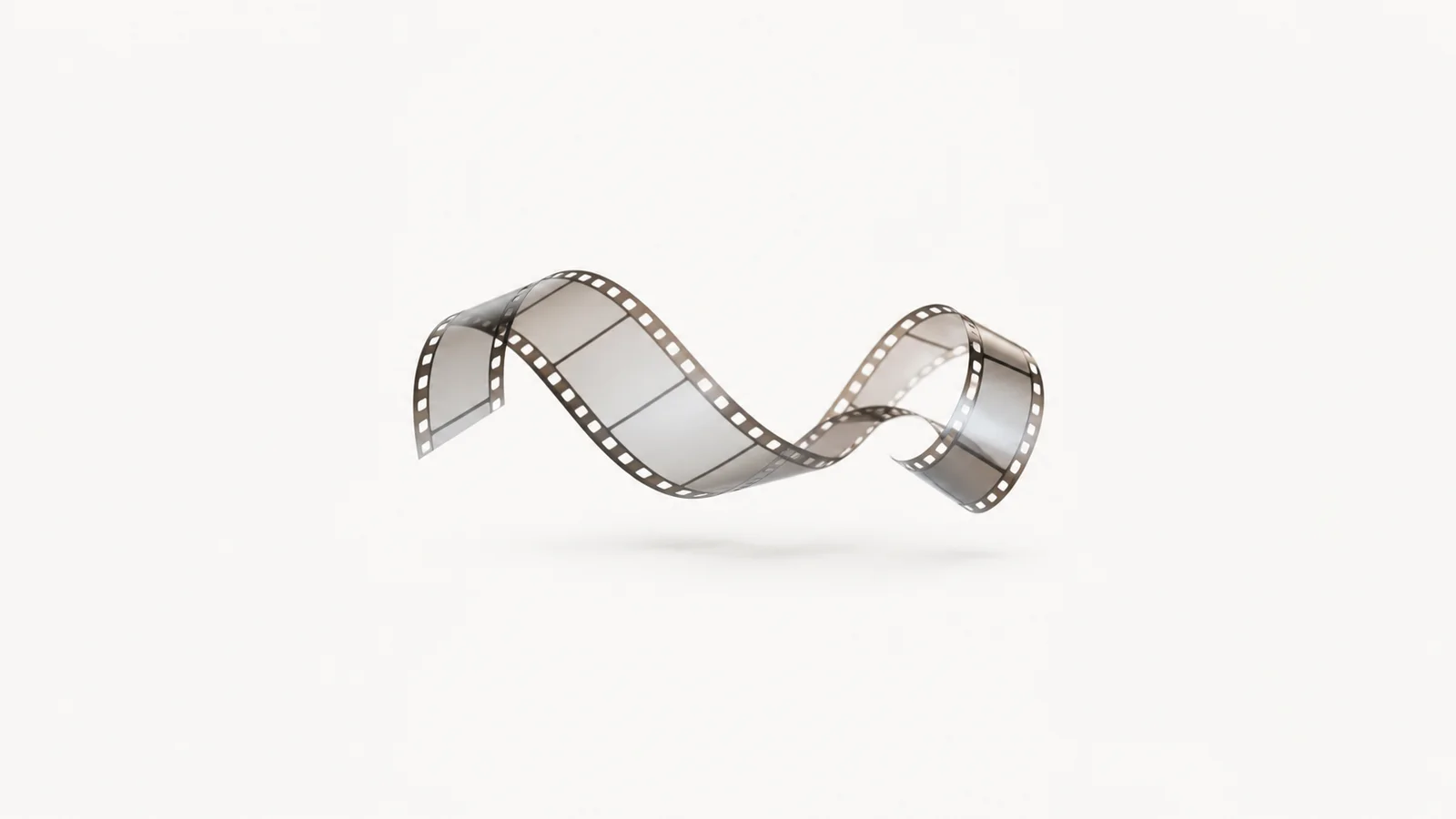 Abstract a ribbon of translucent film frames curling through the air motif centred on a seamless pale off-white studio background, generous empty margin for overlaid branding