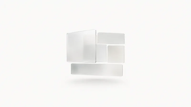 Abstract a floating grid of frosted panels aligned to a soft baseline motif centred on a seamless pale off-white studio background, generous empty margin for overlaid branding