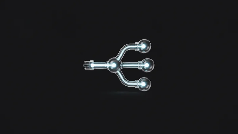 Abstract a branching payment-rail diagram rendered as luminous glass pipes motif centred on a seamless deep charcoal near-black studio background, generous empty margin for overlaid branding